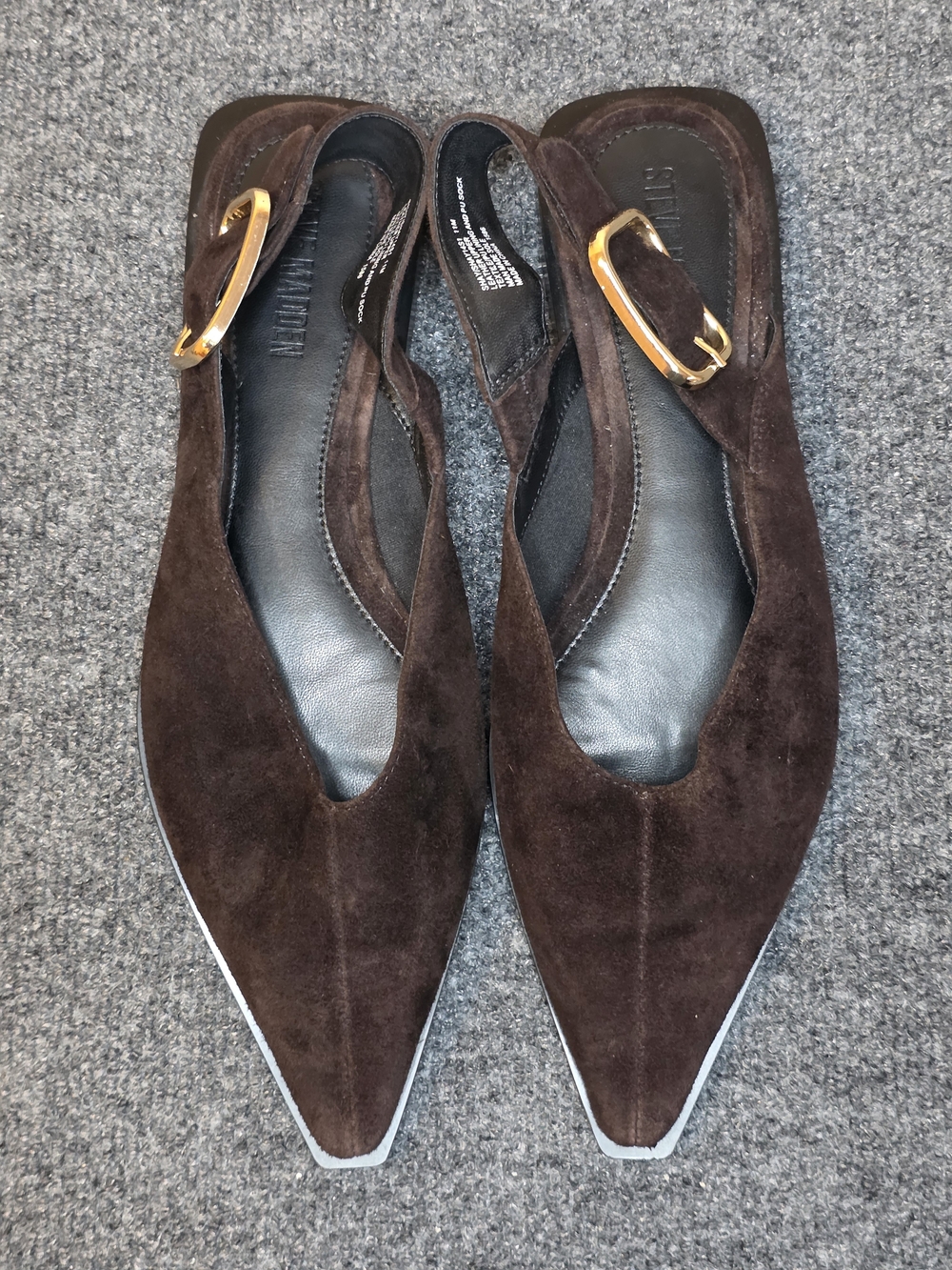 Steve Madden Dark Brown Suede Pointed Slingback Mules with Gold Buckle